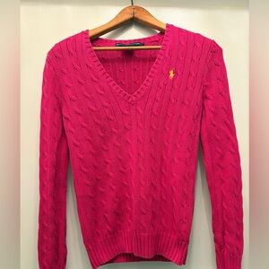 Ralph Lauren Sport Sweater Womens Pink Cable Knit V-Neck Yellow Pony SZ M